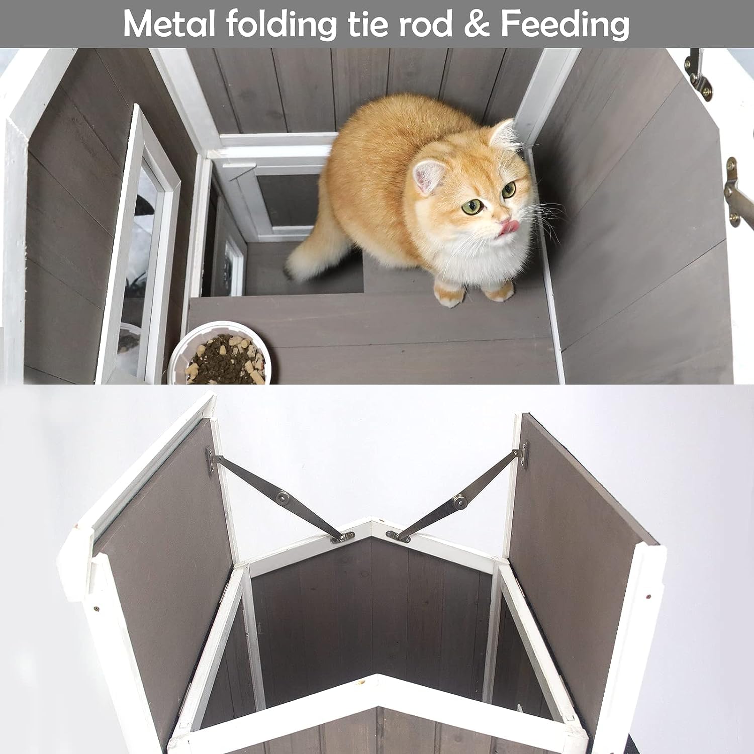 Petscosset Outdoor Cat Shelter Weatherproof, Two Story Wooden Outside Feral Cat House With Openable Roof, Escape Door